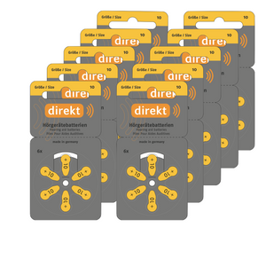 DIREKT Hörgerätebatterien 10 gelb – 60 Stück (10×6er), 1,45V - Varta Qualität