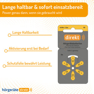 DIREKT Hörgeräte Batterien Größe 10 – 6 Stück - 1,45V - hergestellt von Varta