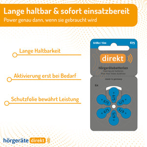 DIREKT Hörgeräte Batterien Größe 675 – 6 Stück - 1,45V - hergestellt von Varta