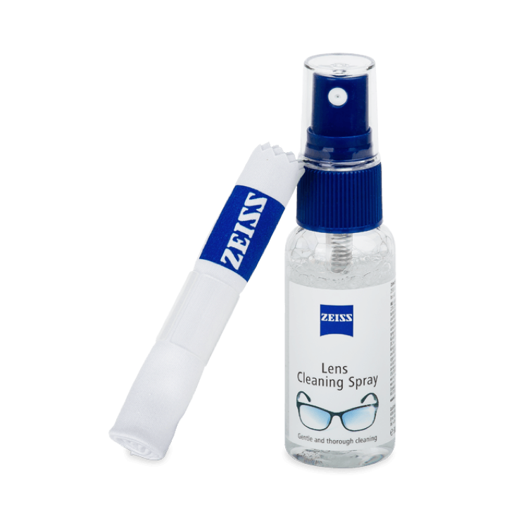 Abbildung einer Pumpspraydose und eines Reinigungstuches von Zeiss für Brillen
