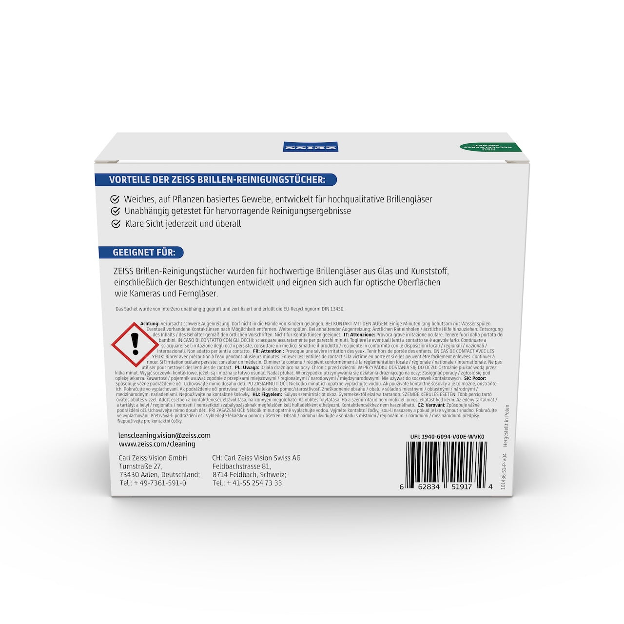 ZEISS Brillen Reinigungstücher (50 Stück) - einzeln verpackt - Recycelbar