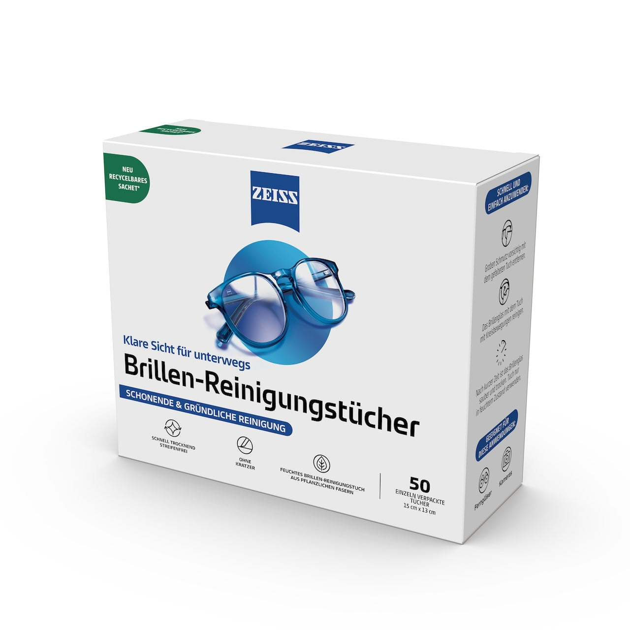 ZEISS Brillen Reinigungstücher (50 Stück) - einzeln verpackt - Recycelbar