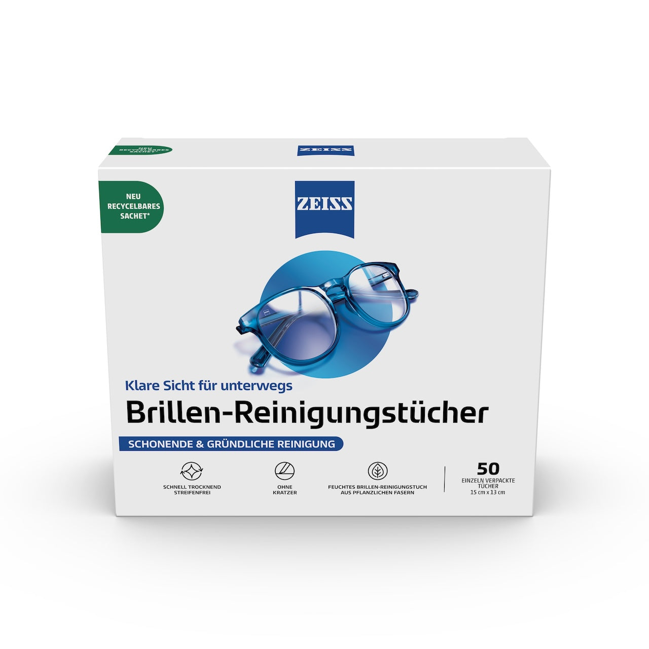 ZEISS Brillen Reinigungstücher (50 Stück) - einzeln verpackt - Recycelbar