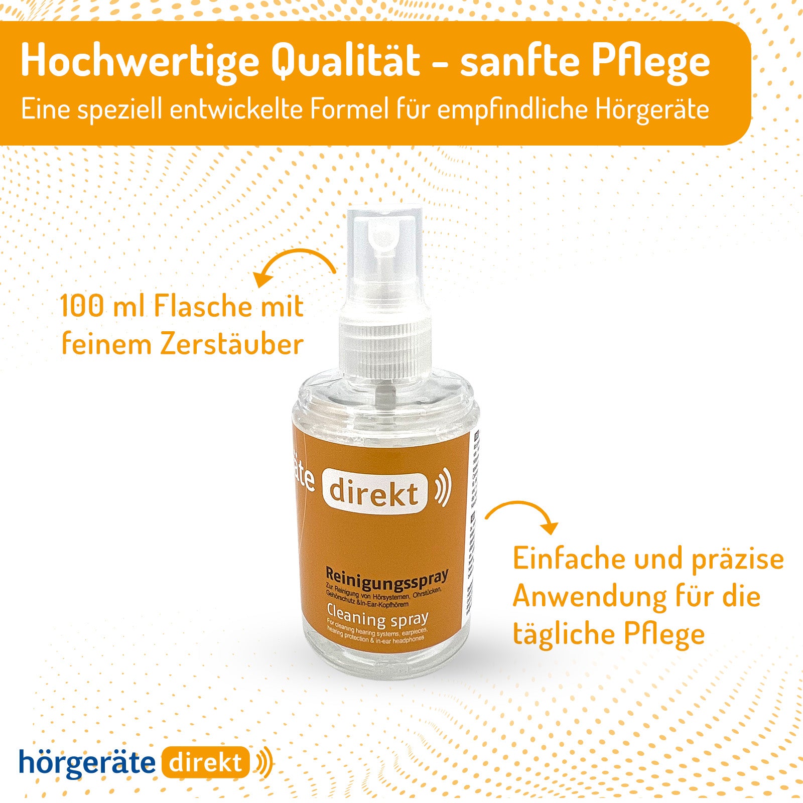 DIREKT Reinigungsspray 100 ml - für Hörgeräte, Ohrstücke, Gehörschutz &amp; In-Ears