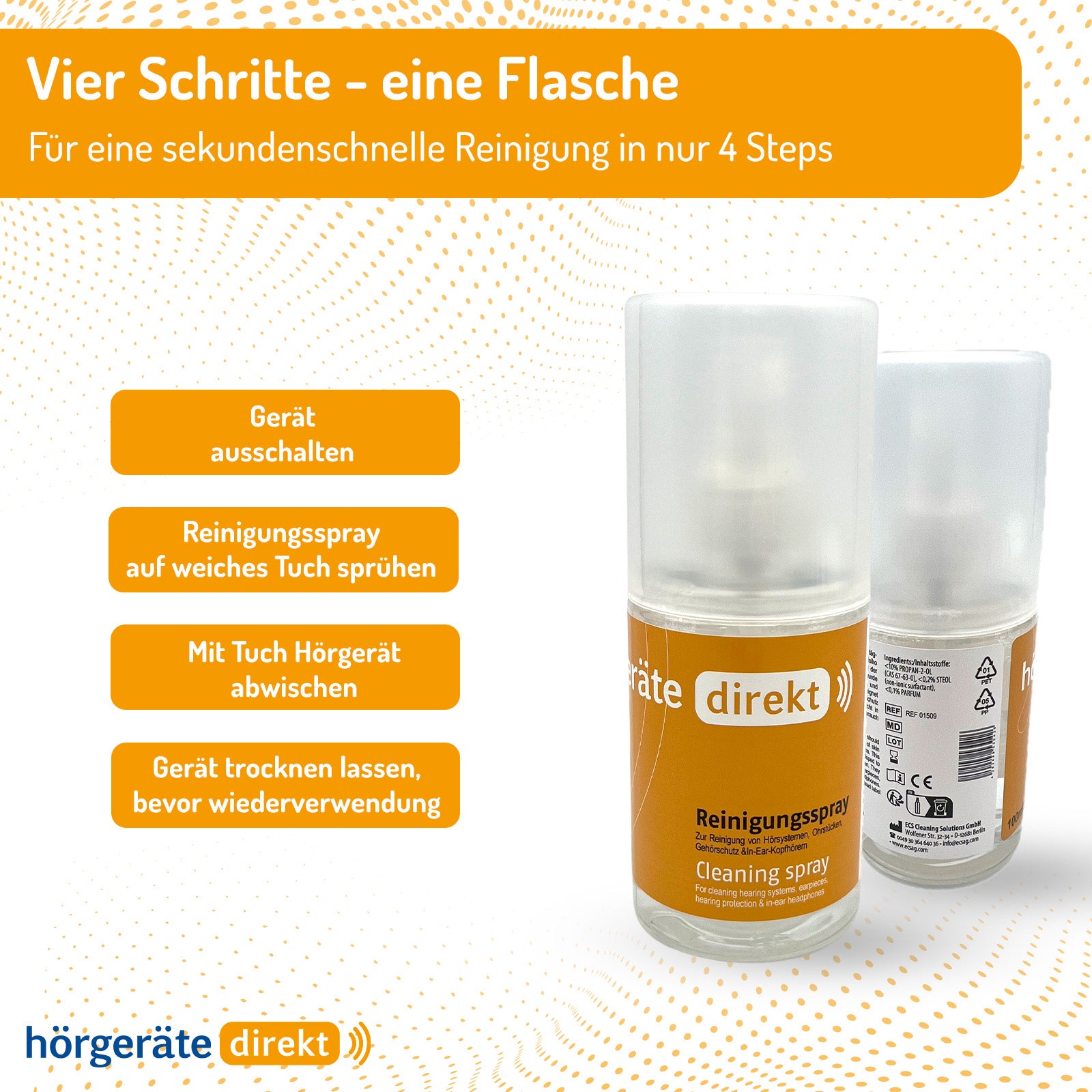 DIREKT Reinigungsspray 100 ml - für Hörgeräte, Ohrstücke, Gehörschutz &amp; In-Ears