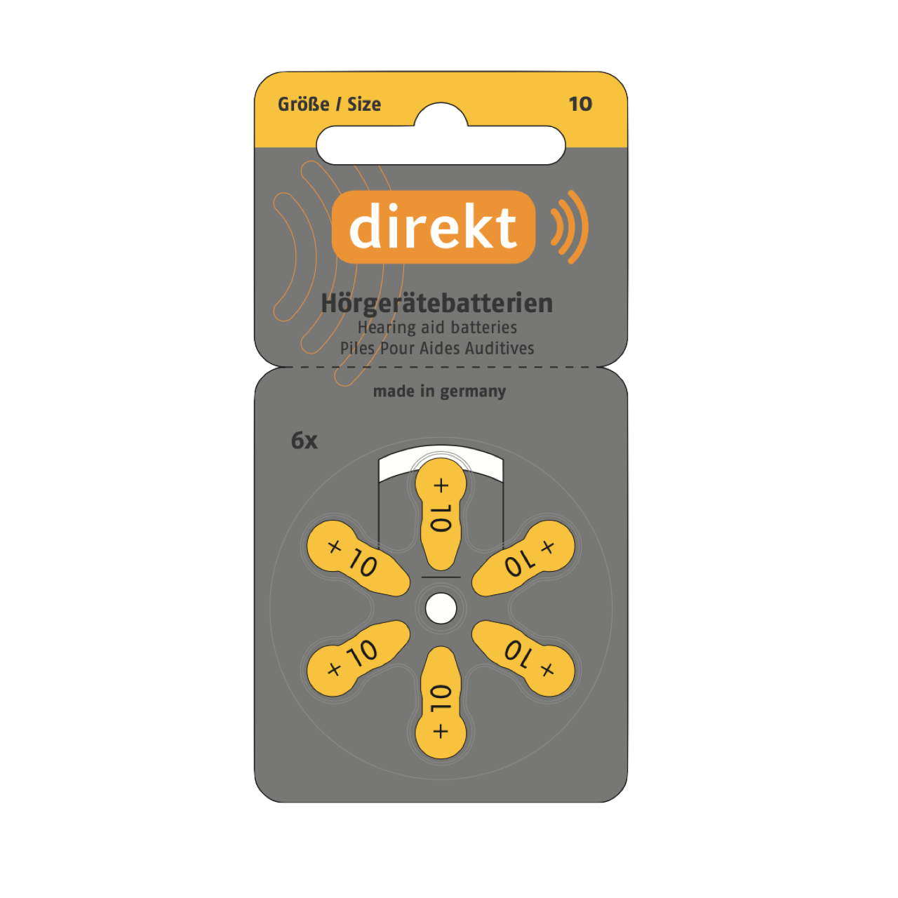 DIREKT Hörgerätebatterien 10 gelb – 60 Stück (10×6er), 1,45V - Varta Qualität