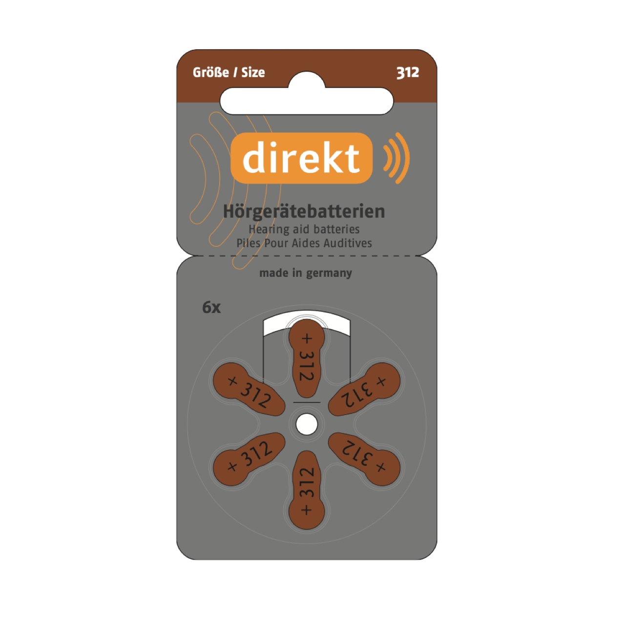 DIREKT Hörgerätebatterien 312 braun – 60 Stück (10×6er), 1,45V - Varta Qualität