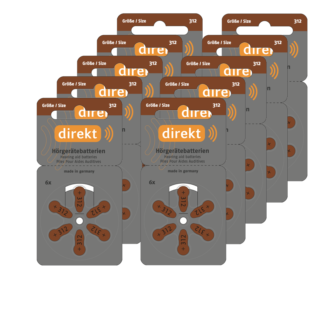 DIREKT Hörgerätebatterien 312 braun – 60 Stück (10×6er), 1,45V - Varta Qualität