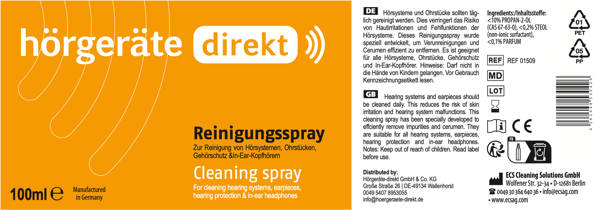 3x DIREKT Reinigungsspray 100 ml - für Hörgeräte &amp; Gehörschutz (3er Pack)