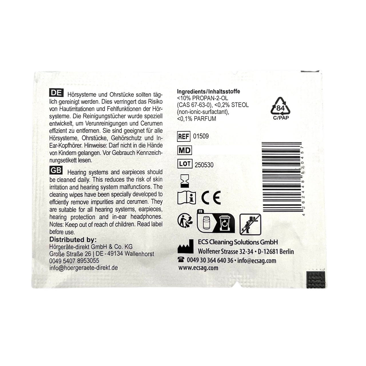 200x DIREKT Reinigungstücher - einzeln verpackt - für Hörgeräte (Schüttware)