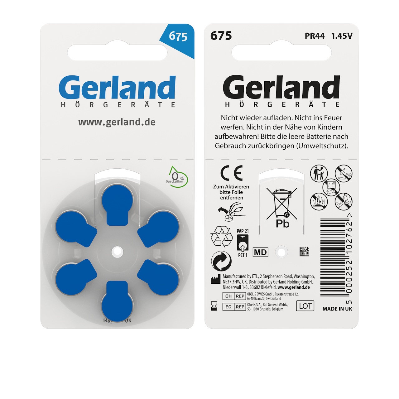 Gerland Hörgerätebatterien 675 blau (PR44) 60 Stück | 10x6 Blister | Rayovac