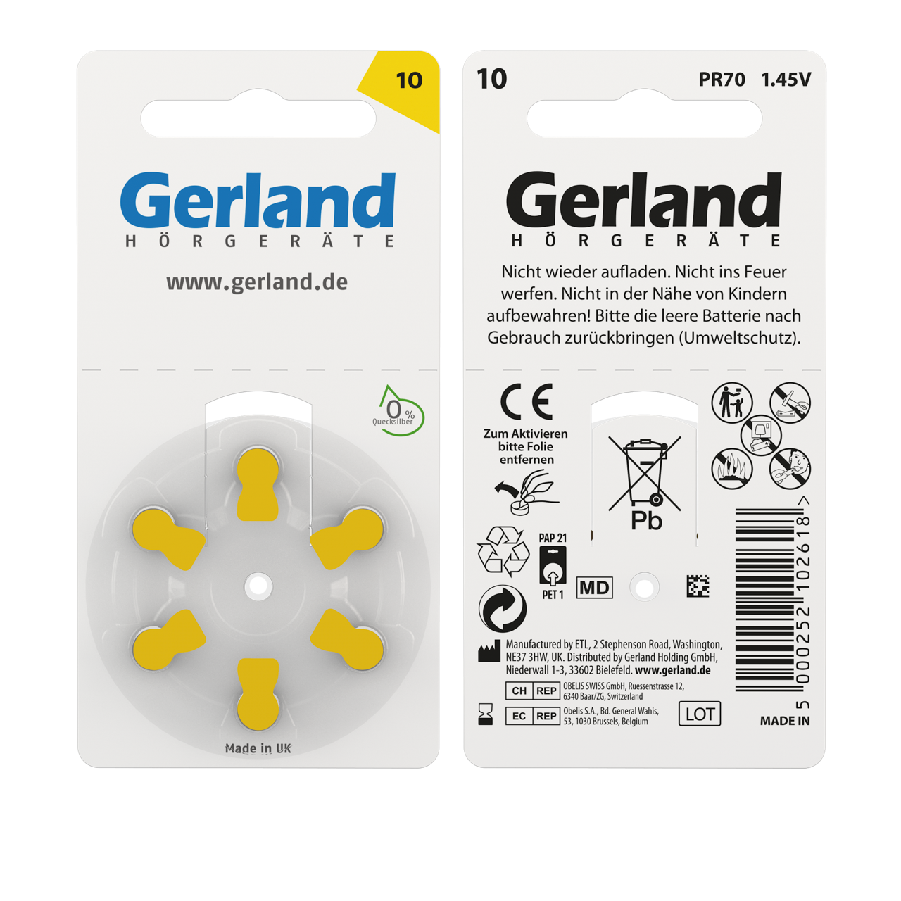 Gerland Hörgerätebatterien 10 gelb (PR70) 60 Stück | 10x6 Blister | Rayovac