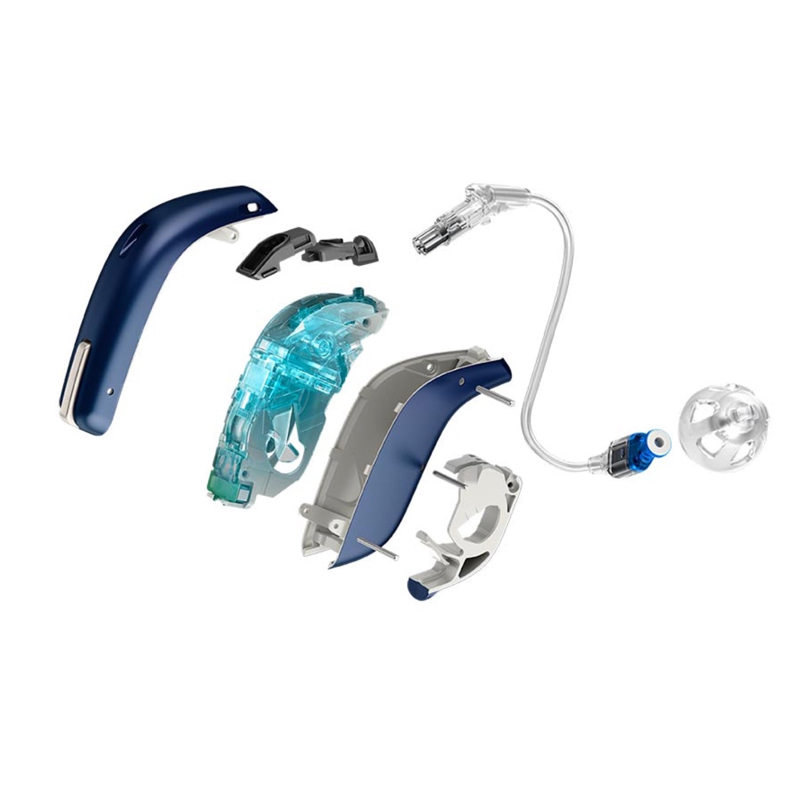 Explosionsgrafik eines Hinter-dem-Ohr (HdO) Hörgerätes