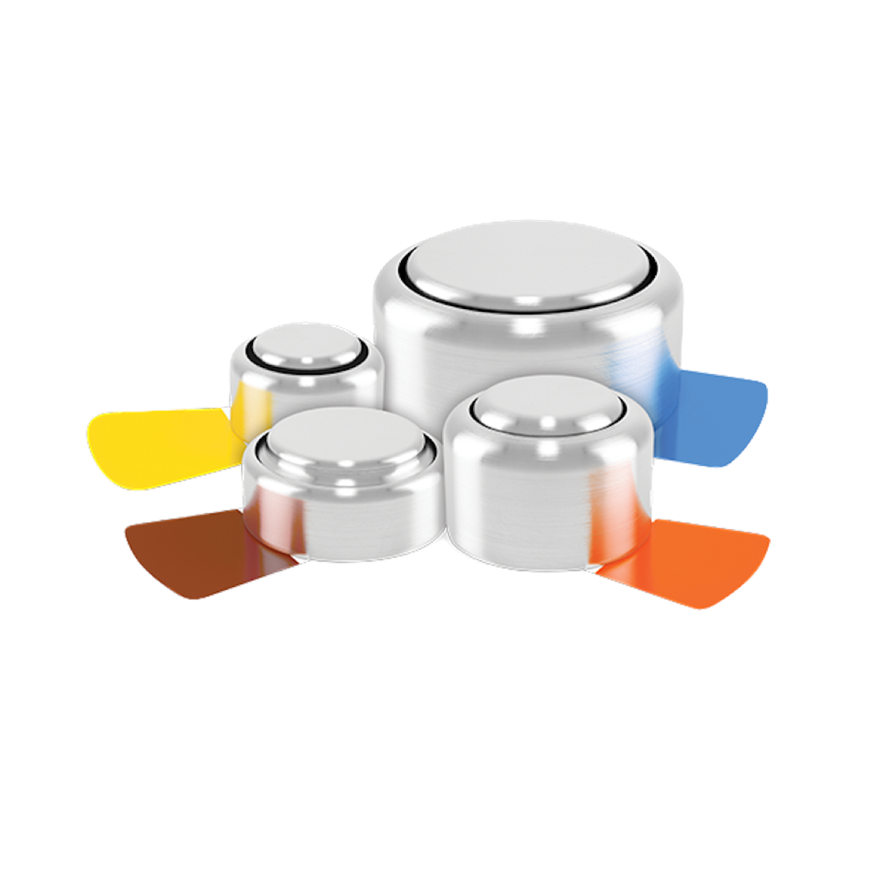 Darstellung von vier unterschiedlichen Gößen von Hörgerät-Batterien (gelb, braun, orange, blau)