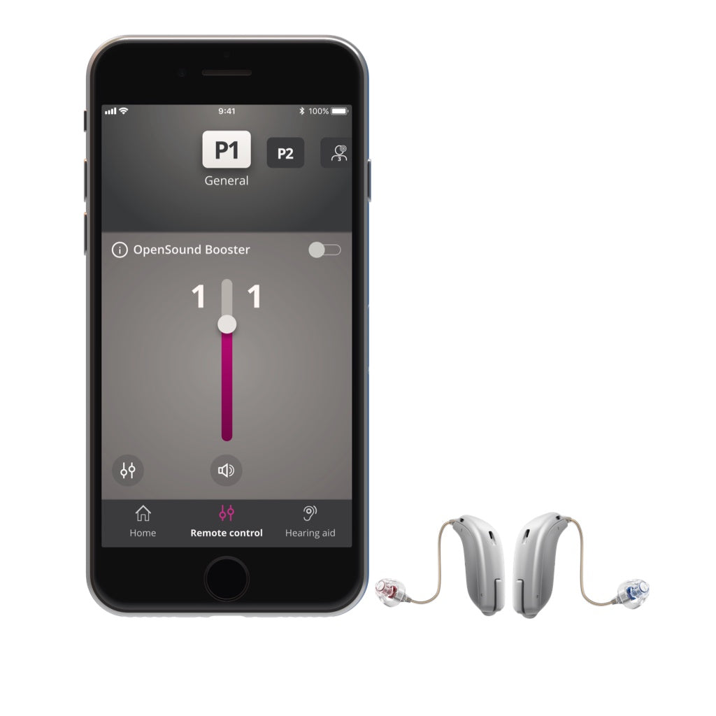 Beispielansicht von Hörgeräten udn einem Smartphone für die Bedienbarkeit von Hörgeräten über Apps und Smartphones.