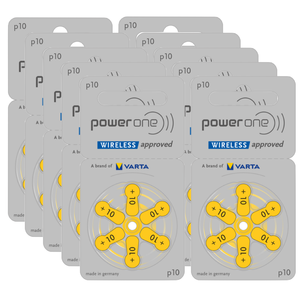 10 x 6er Blister Hörgerätebatterien der Marke PowerOne in der Größe p10 und Farbe gelb
