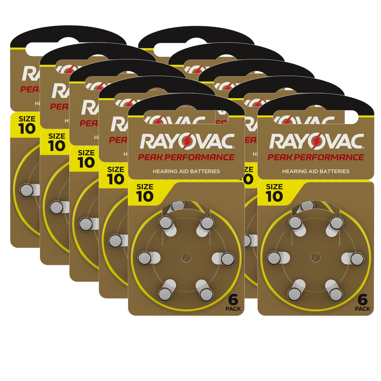 Rayovac 10 PEAK Performance -60x Hörgerätebatterien-gelb PR70-(10x6er Blister)