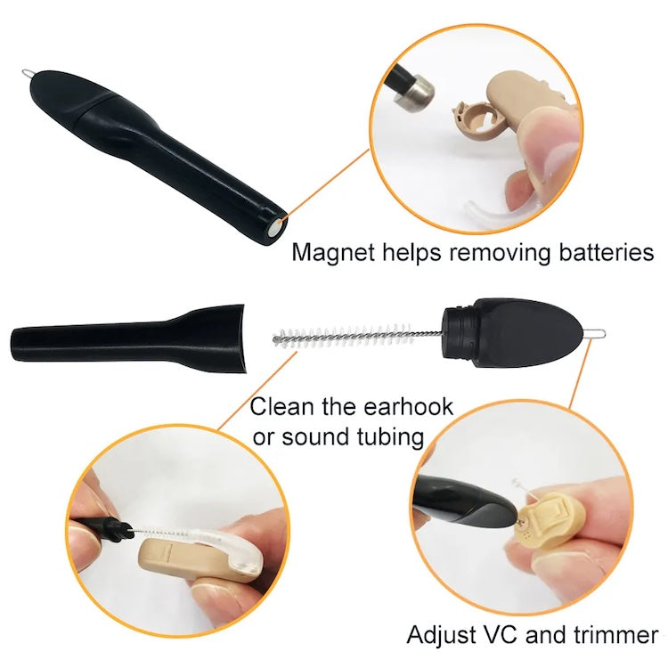 2x DIREKT Reinigungsbürste Hörgeräte -3in1-Magnet Batterie Einsetzhilfe