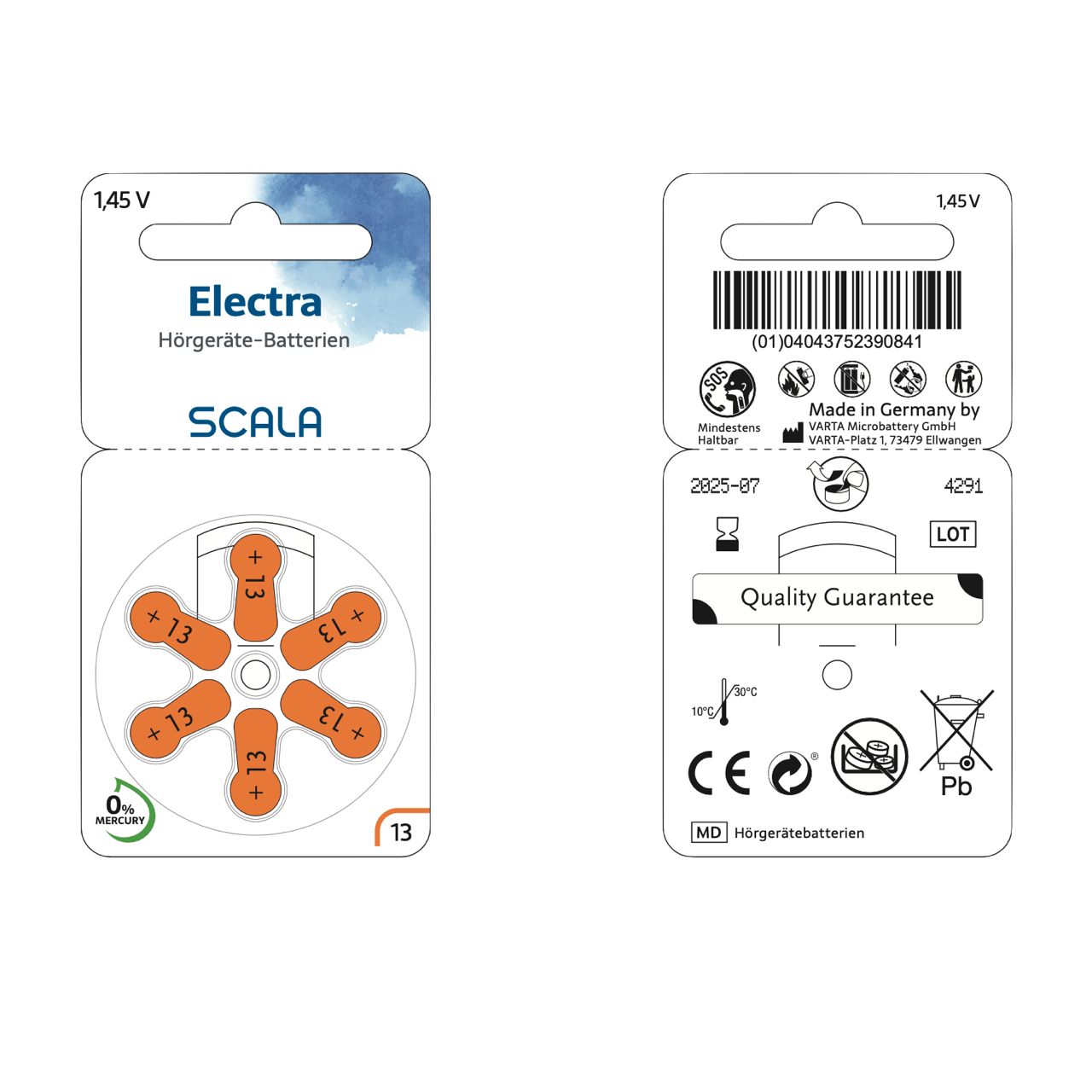60x Scala Electra - 13 orange Hörgerätebatterien - 10x 6er Blister-MHD 09/2025