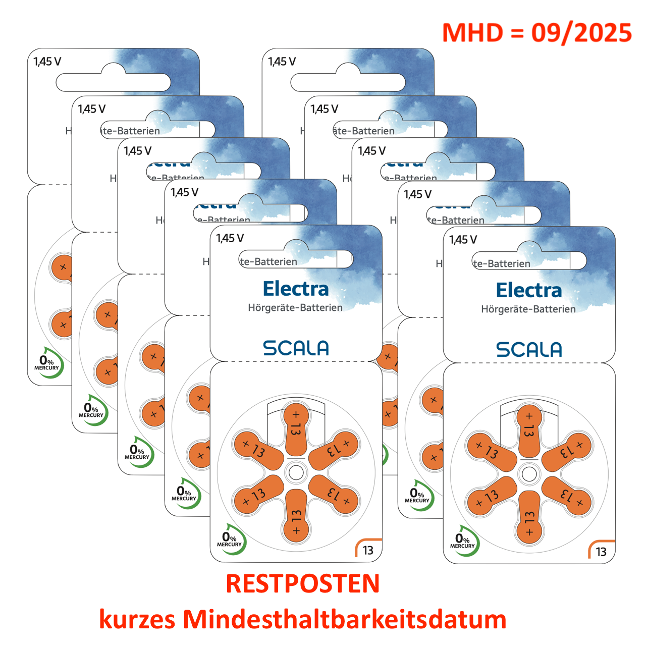 60x Scala Electra - 13 orange Hörgerätebatterien - 10x 6er Blister-MHD 09/2025