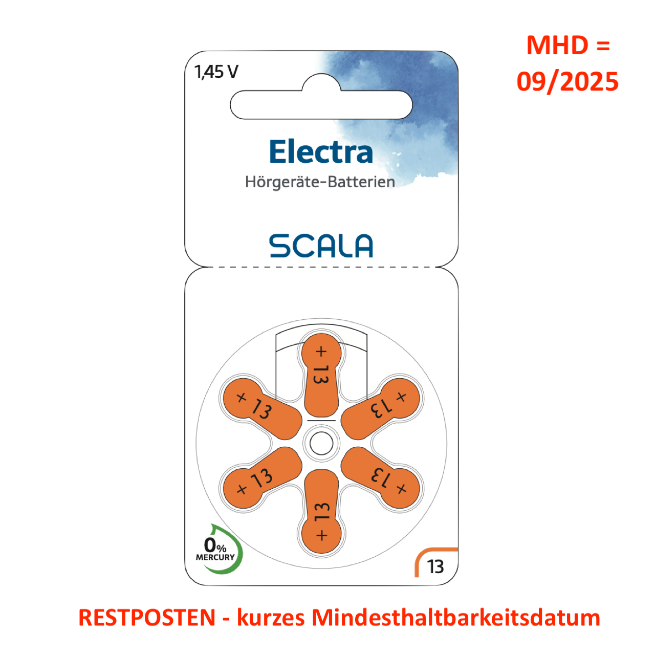 Scala Electra Hörgerätebatterien - 13 orange - 6er Blister - RESTPOSTEN