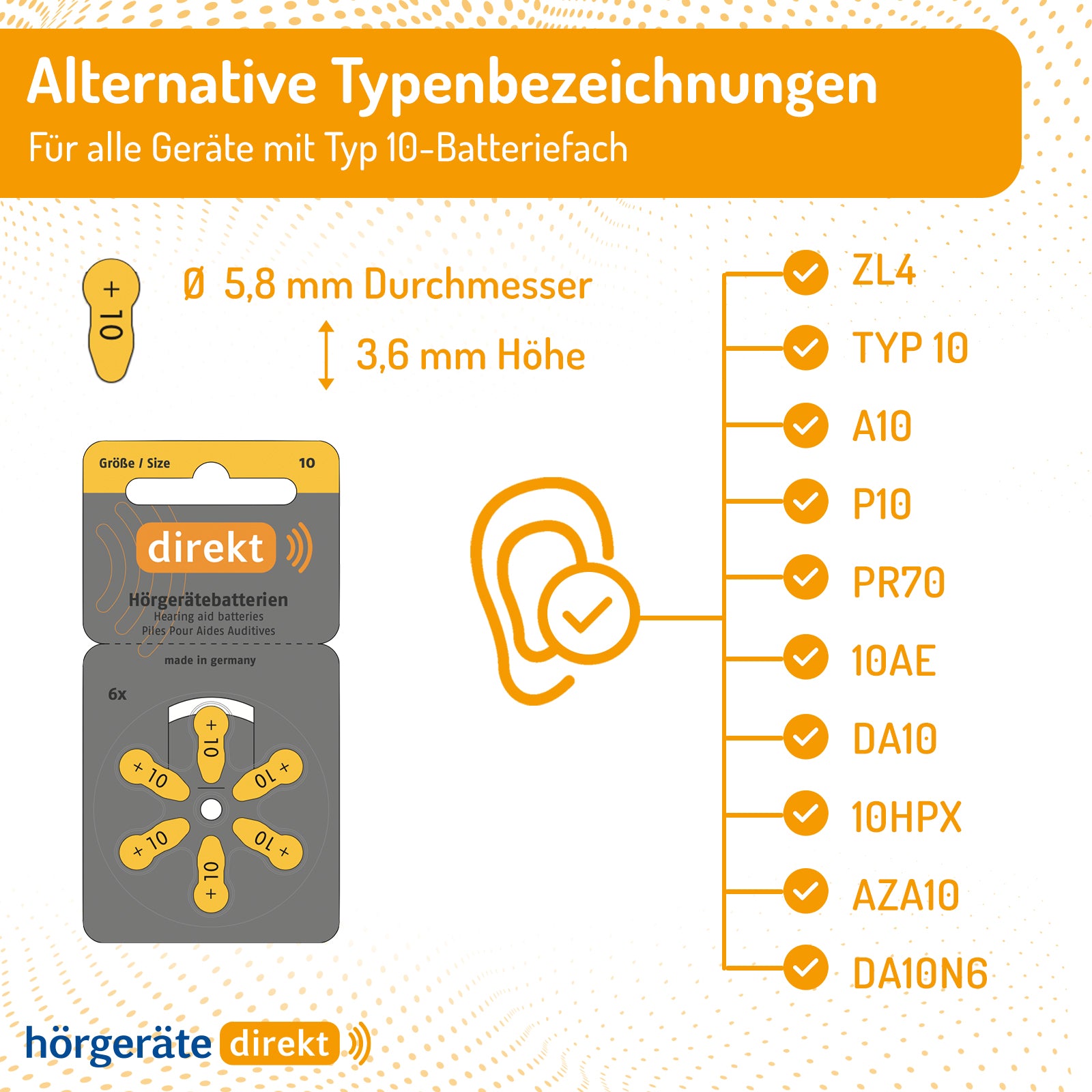 DIREKT Hörgeräte Batterien Größe 10 – 6 Stück - 1,45V - hergestellt von Varta