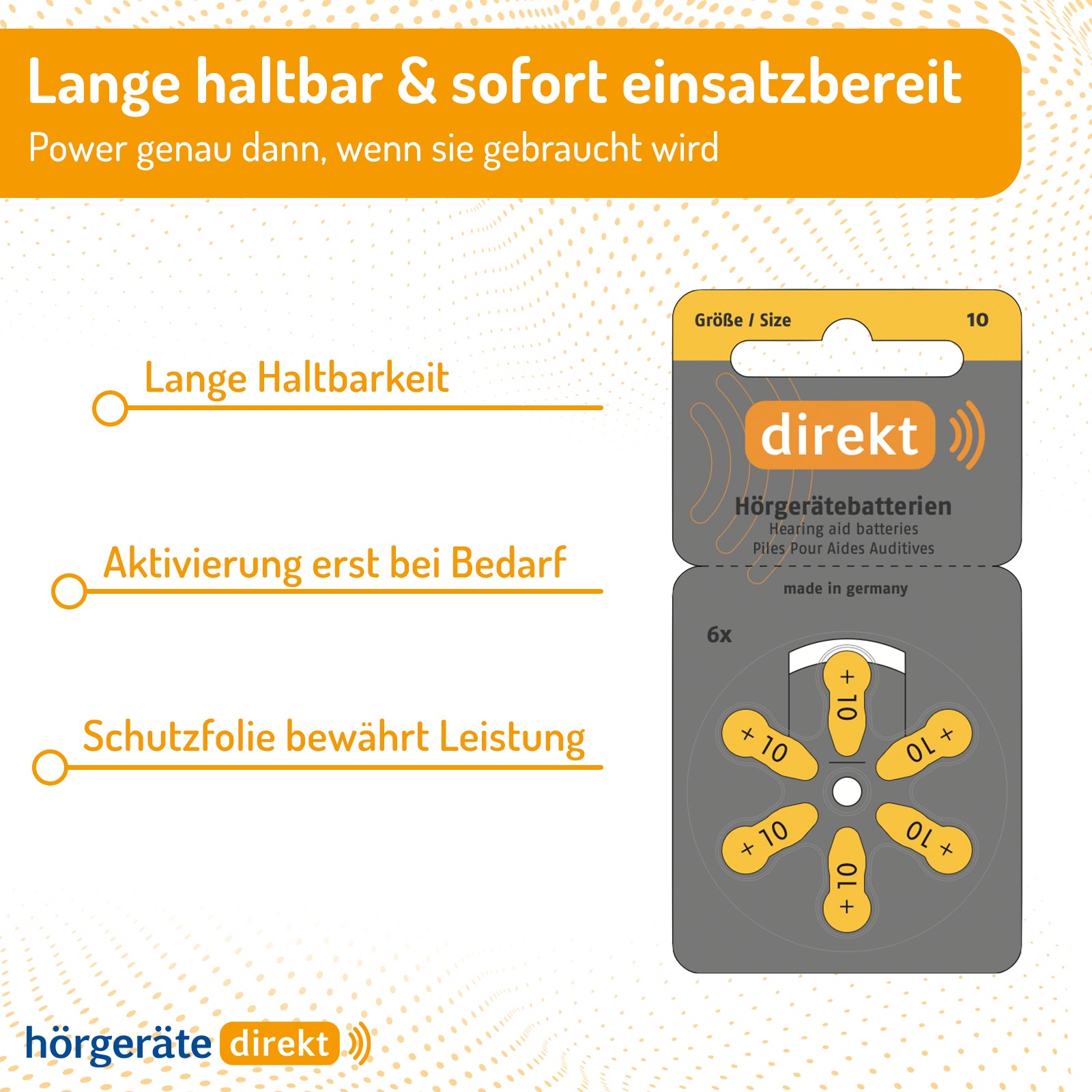 DIREKT Hörgerätebatterien 10 gelb – 60 Stück (10×6er), 1,45V - Varta Qualität