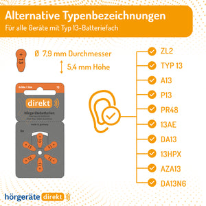 DIREKT Hörgerätebatterien 13 orange – 60 Stück (10×6er), 1,45V - Varta Qualität