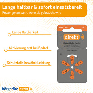 DIREKT Hörgerätebatterien 13 orange – 60 Stück (10×6er), 1,45V - Varta Qualität