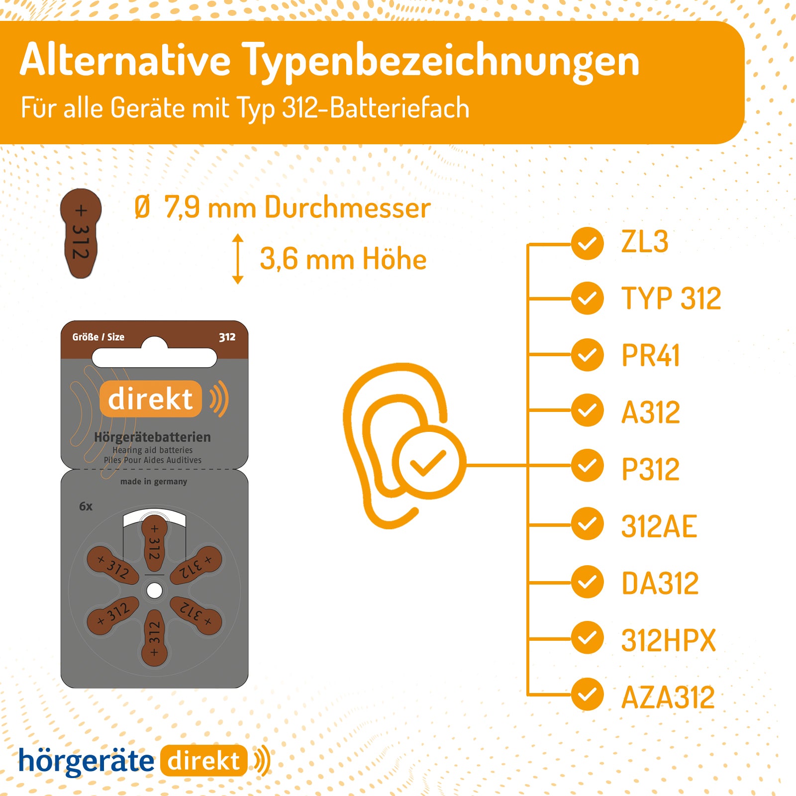 DIREKT Hörgeräte Batterien Größe 312 – 6 Stück - 1,45V - hergestellt von Varta