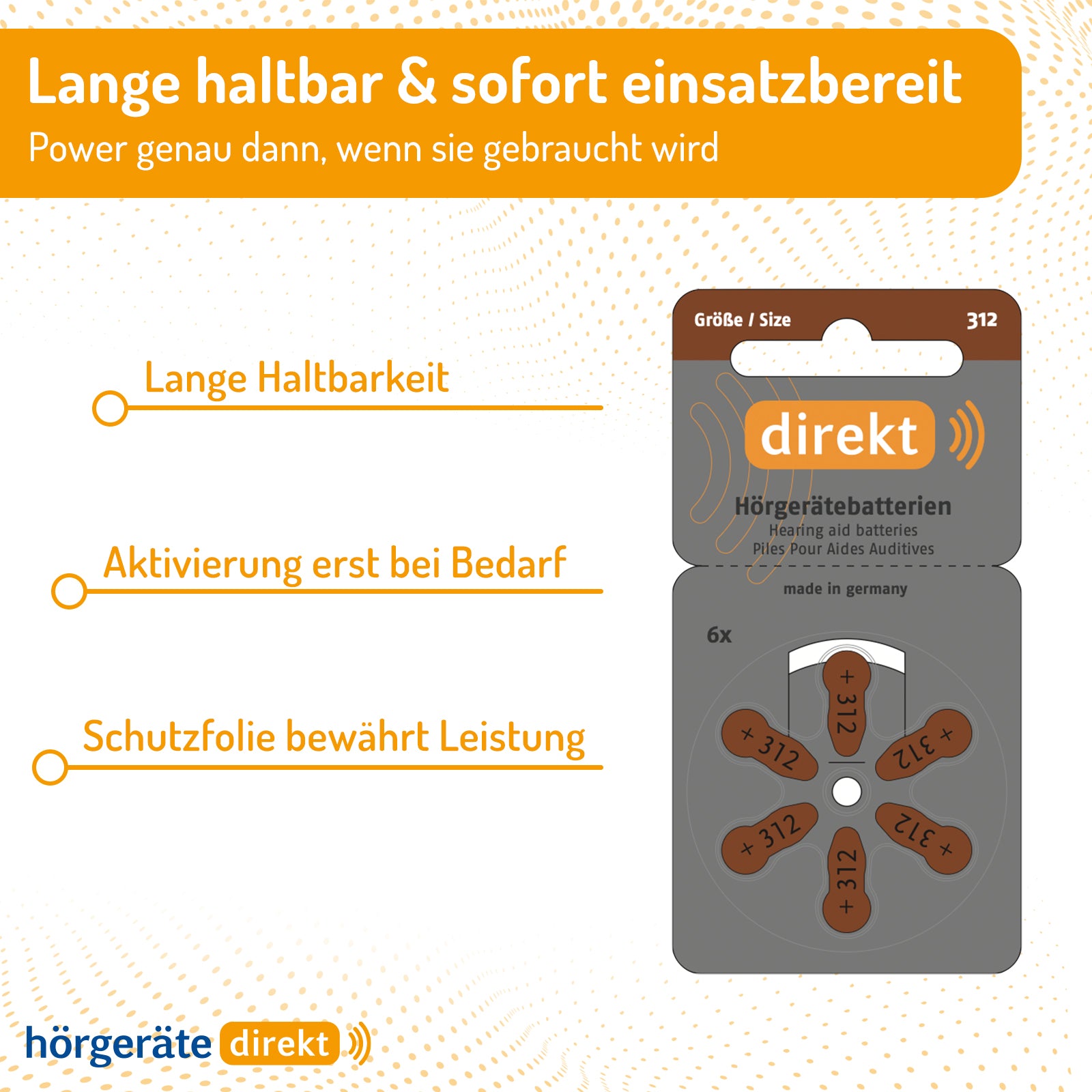 DIREKT Hörgeräte Batterien Größe 312 – 6 Stück - 1,45V - hergestellt von Varta