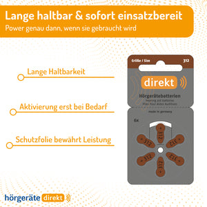DIREKT Hörgeräte Batterien Größe 312 – 6 Stück - 1,45V - hergestellt von Varta