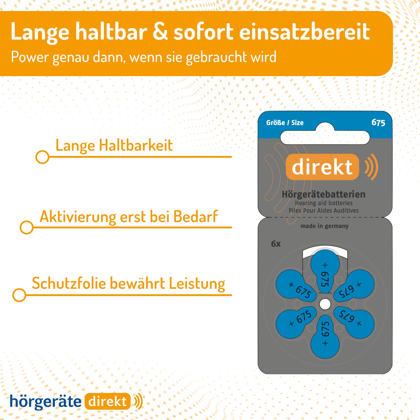 DIREKT Hörgeräte Batterien Größe 675 – 6 Stück - 1,45V - hergestellt von Varta