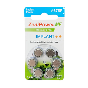 60x ZeniPower A675P Implant blau PR44 - (10x6er Blister) für Cochlear Implantate