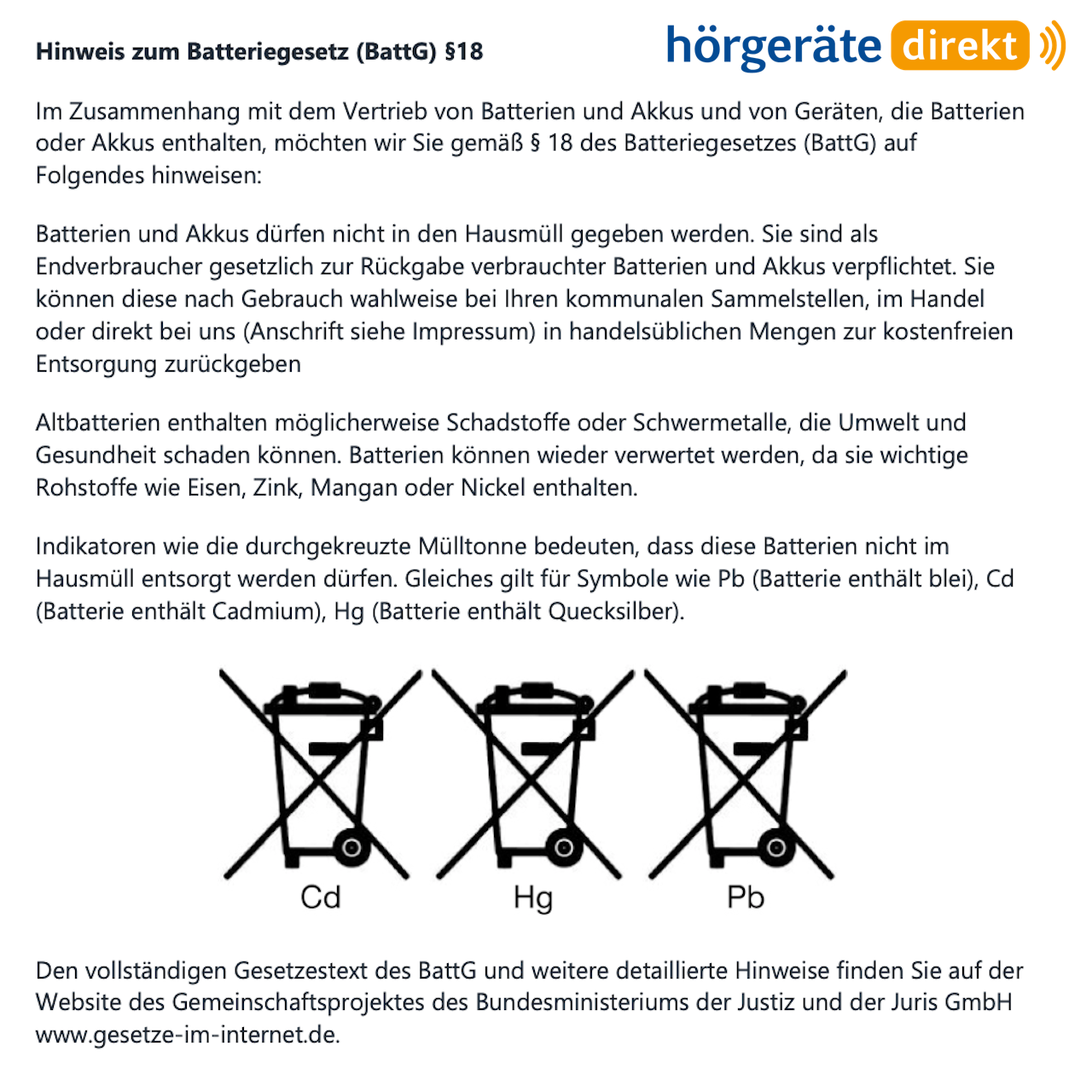 Hinweis Batteriegesetz - Entsorgung Batterien