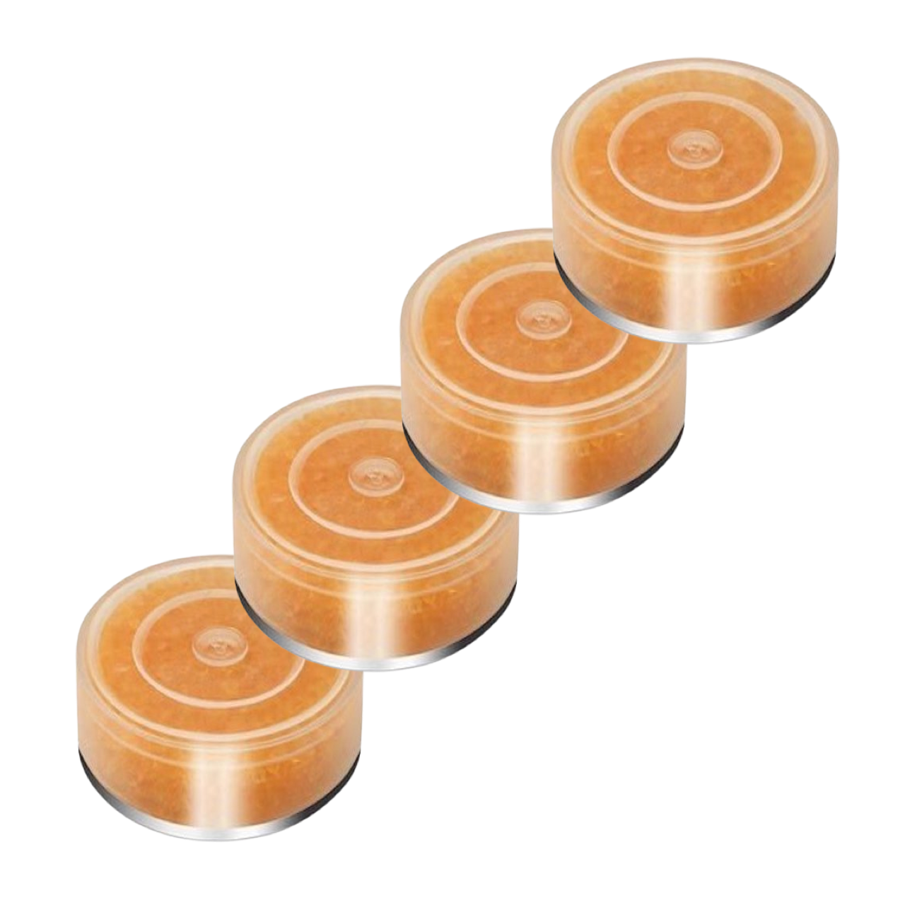Abbildung von 4 transparenten Trockenkapseln mit orangenem Silikagel-Indikator in einer Reihe.