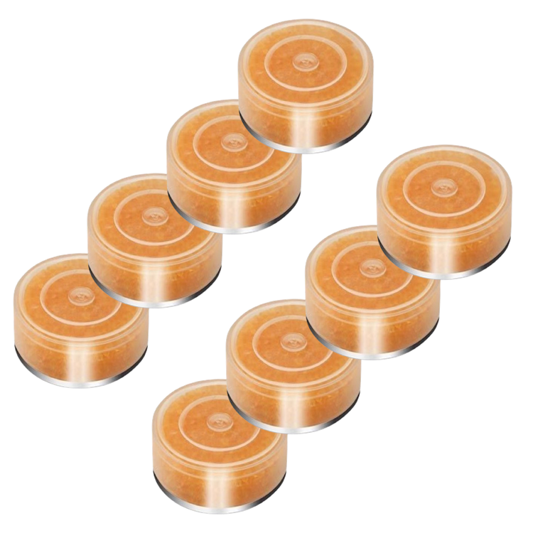 Abbildung von 8 transparenten Trockenkapseln mit orangenem Silikagel-Indikator in zwei Vierer-Reihen.