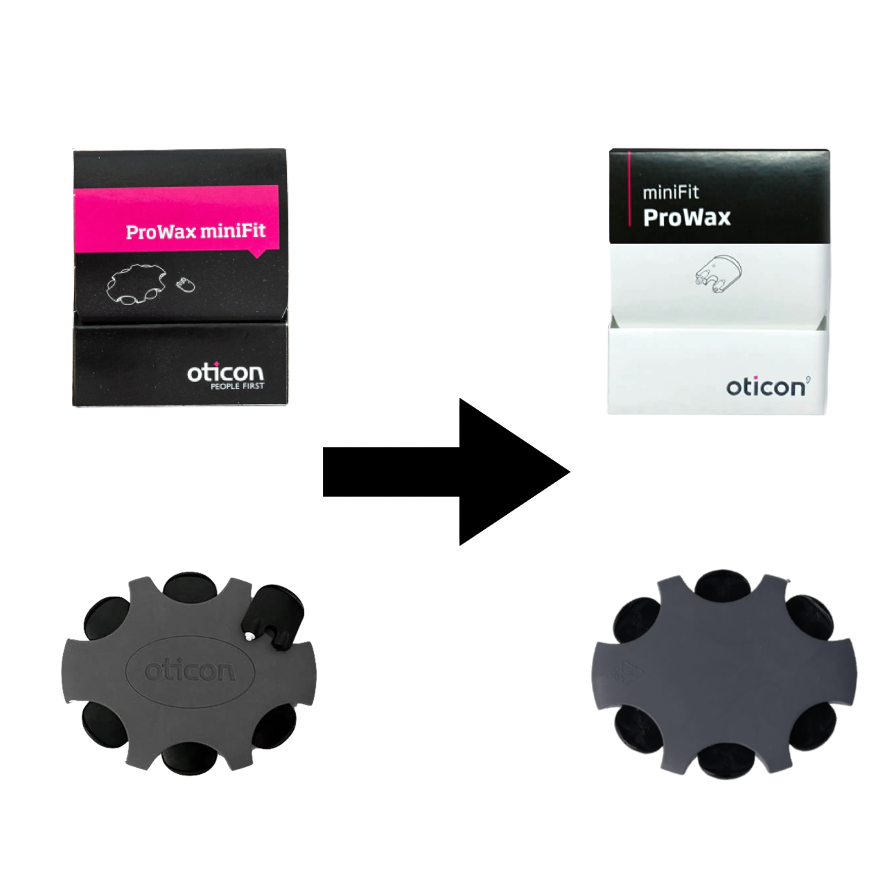 Vergleich einer älteren Version zur den aktuellen Oticon ProWax miniFit Cerumenfiltern